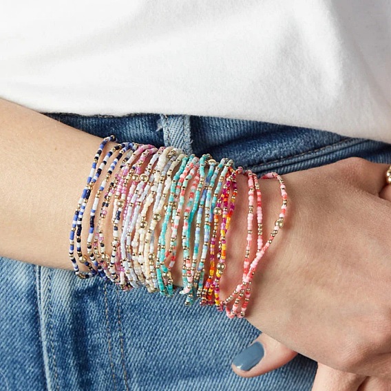 Boho Round Brass and Glass Seed Beaded Stretch Stackable Bracelet Sets, Golden