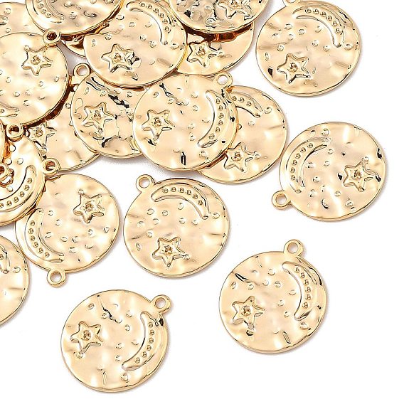 SHEGRACE Brass Pendants, Flat Round with Moon & Star Charms, Lead Free & Cadmium Free & Nickel Free