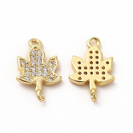 Rack Plating Brass Micro Pave Cubic Zirconia Charms, Real 18K Gold Plated, Long-Lasting Plated, Maple Leaf Charm