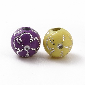 Plating Acrylic Beads, Silver Metal Enlaced, Round with Flower