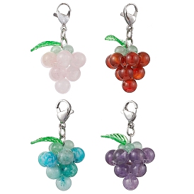 4Pcs 4 Styles Grape Natural Green Aventurine & Hemimorphite & Rose Quartz & Carnelian & Amethyst Pendant Decoration, 304 Stainless Steel Lobster Claw Clasps Charms for Bag Ornaments