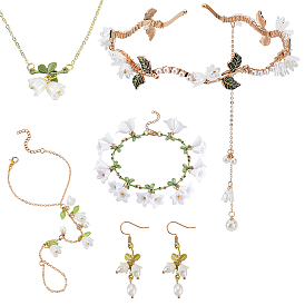 Латунные браслеты, ожерелья из сплава, серьги-подвески и наборы металлических резинок для волос, с подвесками из искусственного жемчуга и акрила из АБС-пластика, разнообразные