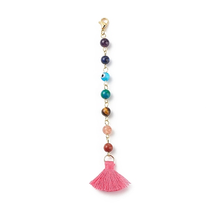7 Chakra Gemstone Round & Handmade Lampword Evil Eye Beaded Pendant Decoration, Tassel Hanging Ornaments, with 304 Stainless Steel Lobster Claw Clasps