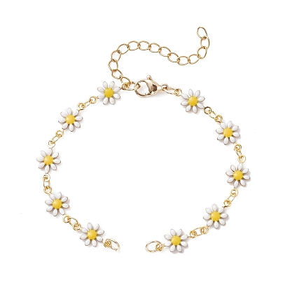 Изготовление браслета-цепочки с латунной эмалью в виде цветка ромашки, с 304 из нержавеющей стали Lobster Claw застежками, золотые