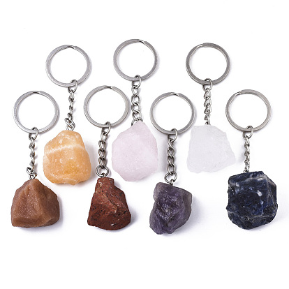 Natural Mixed Stone Keychain, with Platinum Plated Stainless Steel Split Key Rings, Nuggets