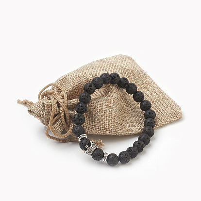 Bracelets Sets, Natural Lava Rock Beads Stretch Bracelets, with Alloy Findings, Round and Mixed Shape, Burlap Packing, Antique Silver