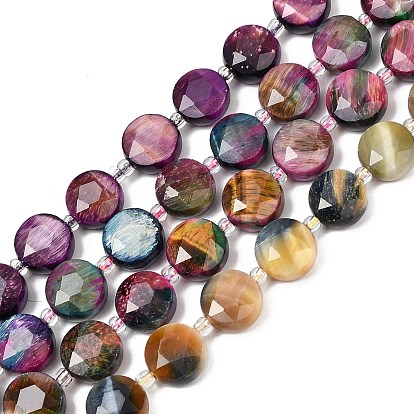 Природных тигровый глаз бисер нитей, граненый шестиугольный разрез, плоско-круглые, окрашенная и подогревом, с бисером