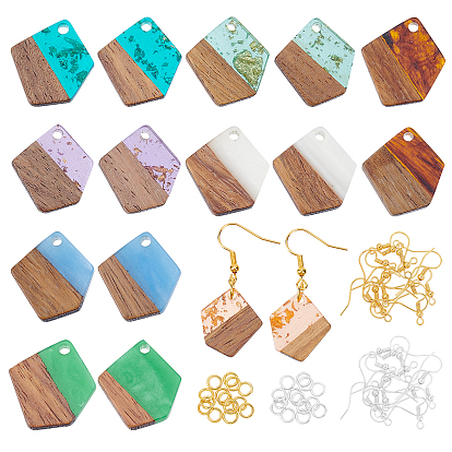 DIY Earring Making Kit, Including Resin & Walnut Wood Pendants, Iron Earring Hooks & Open Jump Rings, Polygon