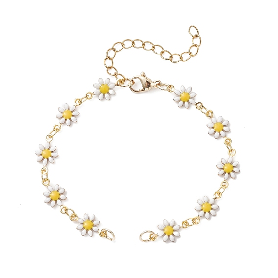 Изготовление браслета-цепочки с латунной эмалью в виде цветка ромашки, с 304 из нержавеющей стали Lobster Claw застежками, золотые