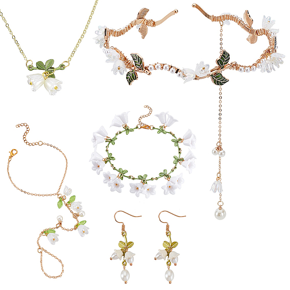 Латунные браслеты, ожерелья из сплава, серьги-подвески и наборы металлических резинок для волос, с подвесками из искусственного жемчуга и акрила из АБС-пластика, разнообразные