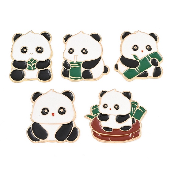 Panda with Bamboo Alloy Enamel Cabochons, with Self Adhesive Sticker, Light Gold