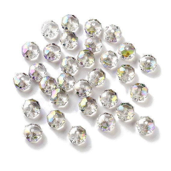 Гальванические стеклянные бусины, с половиным покрытием цвета радуги, граненые, рондель