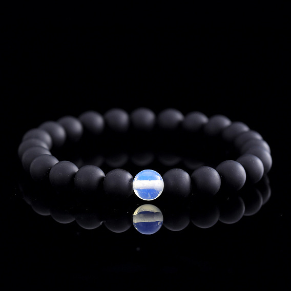 Регулируемые эластичные браслеты для мужчин из натурального черного обсидиана и круглых стеклянных бусин.
