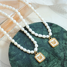 Женское ожерелье из титановой стали с геометрическим кулоном в виде бабочки и морского ушка пресноводной жемчужной цепочкой