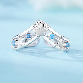 925 кольца манжеты из серебра микропаве фианит, форма раковины и морская звезда, регулируемый, с печатью s925