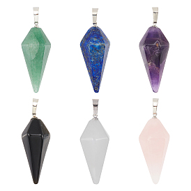 6Pcs 6 Style Natural Mixed Gemstone Pointed Pendants, with Brass Findings, Bullet, Platinum
