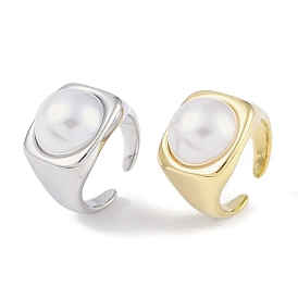 304 Stainless Steel Wide Open Cuff Rings for Women, with ABS Plastic Imitation Pearl