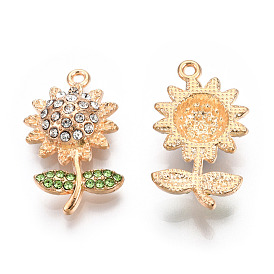 Rack Plating Alloy Pendants, with Rhinestone, Sunflower, Light Gold, Cadmium Free & Nickel Free & Lead Free