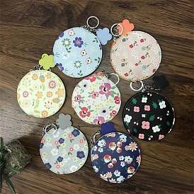 PU Leather Wallets Keychain, Flat Round with Flower Makeup Bags