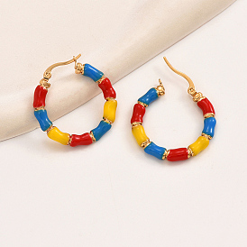 Vintage Colorful Bamboo Stainless Steel Hoop Earrings, Stylish and Unique Fashion Gift