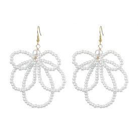Flower Glass Pearl Beaded Dangle Earrings, Iron Jewelry for Women