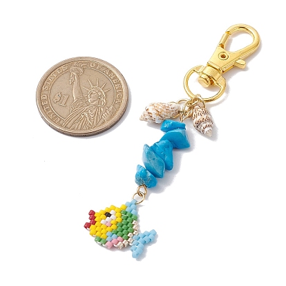 Décorations pendentif miyuki delica, avec des perles synthétiques turquoise et des breloques en coquillage naturel, poisson