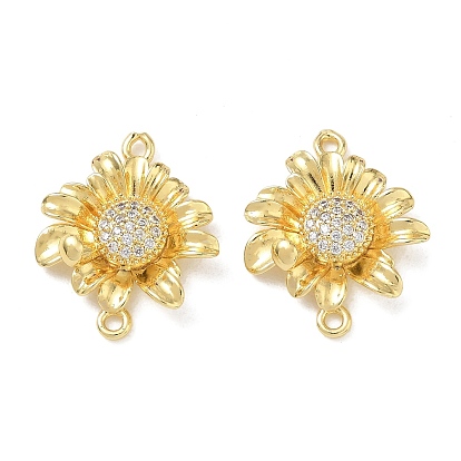 Dijes de conector de zirconia cúbica transparente con micro pavé de latón, enlaces de girasol, real 18 k chapado en oro
