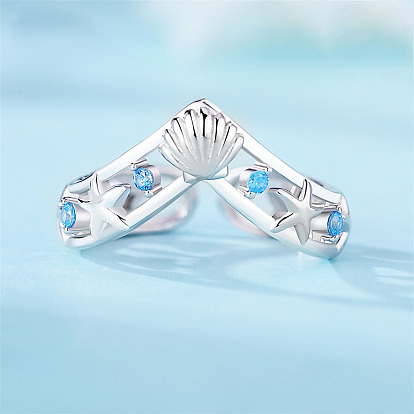925 кольца манжеты из серебра микропаве фианит, форма раковины и морская звезда, регулируемый, с печатью s925