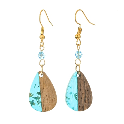 Resin & Walnut Wood Teardrop Dangle Earrings, Glass Beaded Long Drop Earrings with Iron Pins