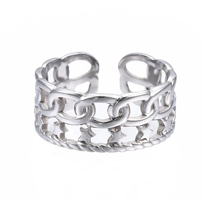 304 anillo de puño abierto con estrella de acero inoxidable, anillo hueco grueso para mujer