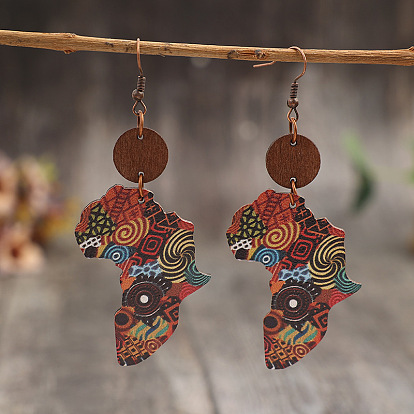 Деревянные серьги с подвесками в богемном стиле, карта, античная бронза
