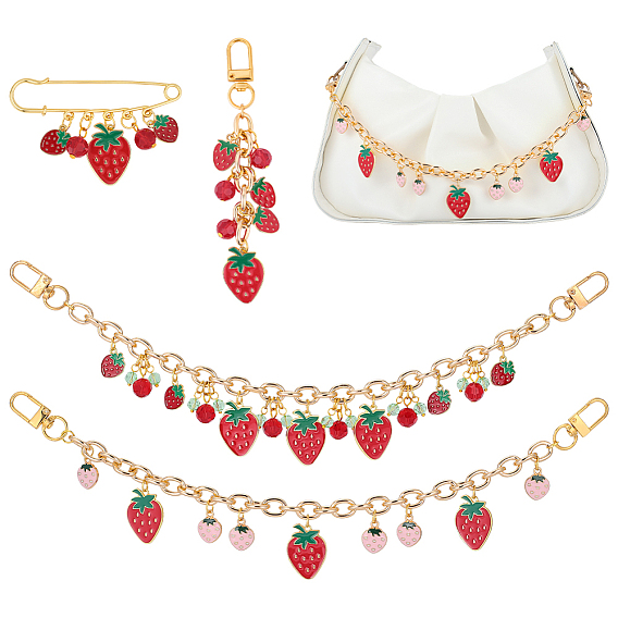 2 шт. 2 стили клубничные алюминиевые сумки декоративные цепочки, с 1брошами из поликарбонатной стали и 1эмалированными подвесками из поликарбонатного сплава, красный и розовый