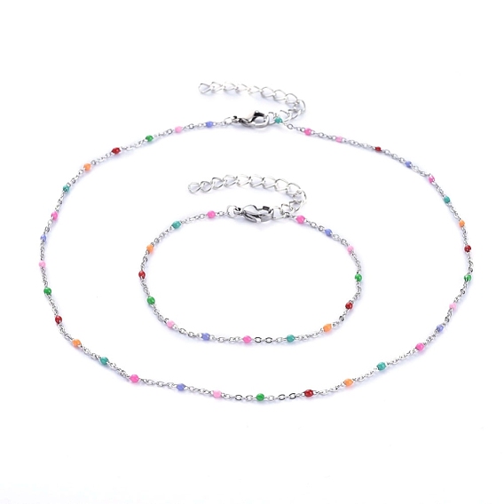 304 Stainless Steel Jewelry Sets, Enamel Link Chain Necklaces & Bracelets, with Lobster Claw Clasps and Iron Extender Chain