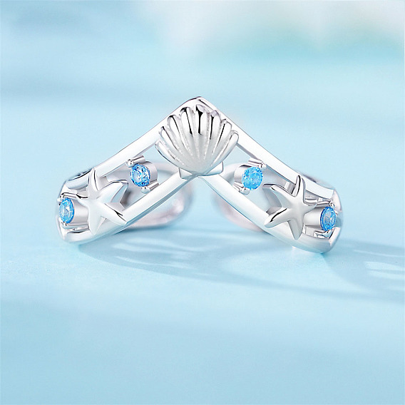 925 кольца манжеты из серебра микропаве фианит, форма раковины и морская звезда, регулируемый, с печатью s925