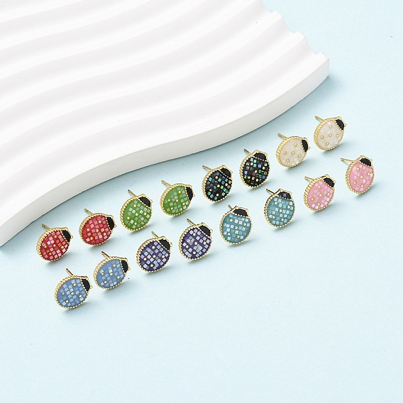 Серьги-гвоздики с божьими коровками из латуни и эмали, с ракушками и булавками из стерлингового серебра, долговечный, без кадмия, без никеля и без свинца