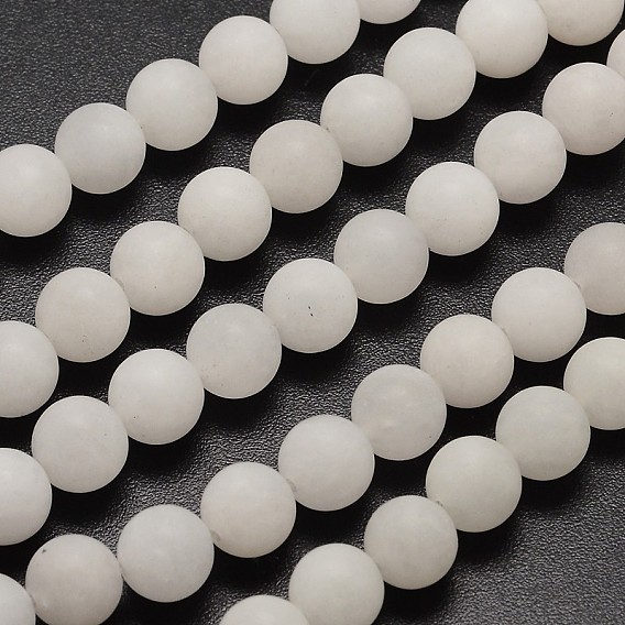 Natural White Jade Beads Strands, Frosted, Round