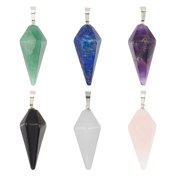 6Pcs 6 Style Natural Mixed Gemstone Pointed Pendants, with Brass Findings, Bullet, Platinum