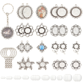Набор для изготовления брелка своими руками, в том числе железные кольца для ключей, Сеттинги для кулона(кабошонов), сплав, Кабошоны из стекла, цветок и овал