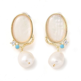 Oval Natural Shell Stud Earrings, Brass Synthetic Turquoise and Pearl Dangle Earrings for Women