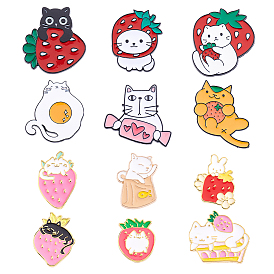 12Pcs 12 Styles Cat Theme Black Alloy Brooches, Enamel Pins, for Backpack Clothes, Mixed Shapes