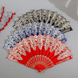 Plastic with Cloth Folding Fan, Vintage Gold Stamp Fan, for Party Wedding Dancing Decoration