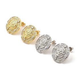 Brass Micro Pave Cubic Zirconia Stud Earrings, Flat Round with Lion