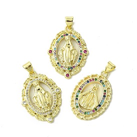 Real 18K Gold Plated Brass Micro Pave Cubic Zirconia Pendants, Oval with Virgin Mary Pattern Charms