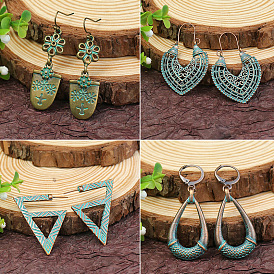 Boho Vintage Alloy Earrings with Ethnic Tribal Colors, Flower and Leaf Texture