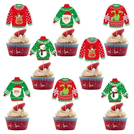 8Pcs Ugly Sweater Cupcake Toppers, Wooden Cake Insert Card, for Christmas Party Decorations