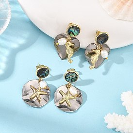2 Kombiniert Paua-Muschel mit anlaufgeschützten 201 Edelstahl-Ohrsteckern, Seepferdchen/Seestern, 316 Anhänger aus chirurgischem Edelstahl und 304 Ohrhänger aus Edelstahl