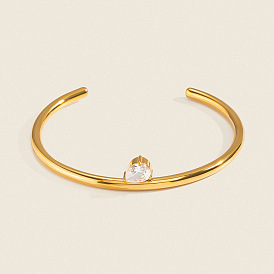 304 Stainless Steel Pave Teardrop Clear Cubic Zirconia Open Cuff Bangles for Women