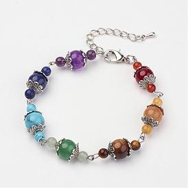 Natural & Synthetic Gemstone Beaded Bracelets, with Alloy Bead Caps and Brass Lobster Claw Clasps