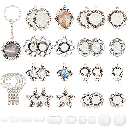 Набор для изготовления брелка своими руками, в том числе железные кольца для ключей, Сеттинги для кулона(кабошонов), сплав, Кабошоны из стекла, цветок и овал