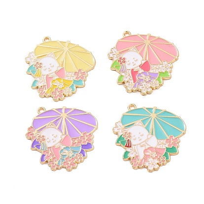 Alloy Enamel Pendants, Japanese-style Kimono Cat with Umbrella Charm, Golden